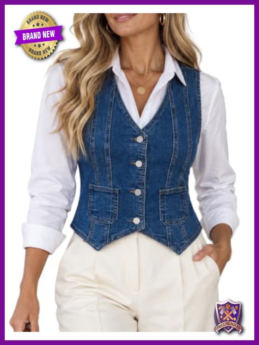 Women Denim Vest V Neck Button Down Crop Top Sleeveless Jean Waistcoat